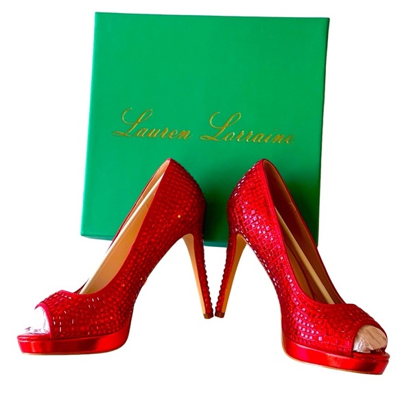 Red Heels Lauren Lorraine Red Crystal Rhinestone Stiletto Formal Dress, Sz 8.5 - Picture 1 of 7